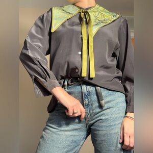 Vintage Rafaella Gray Blouse with Green Accents